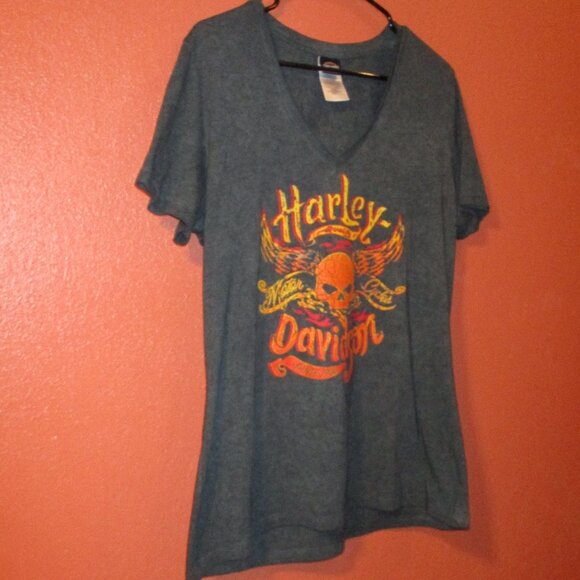 Harley Davidson Woman Large Gray Yellow Orange Graphic Skull Short Sleeve Shirt - Picture 2 of 9